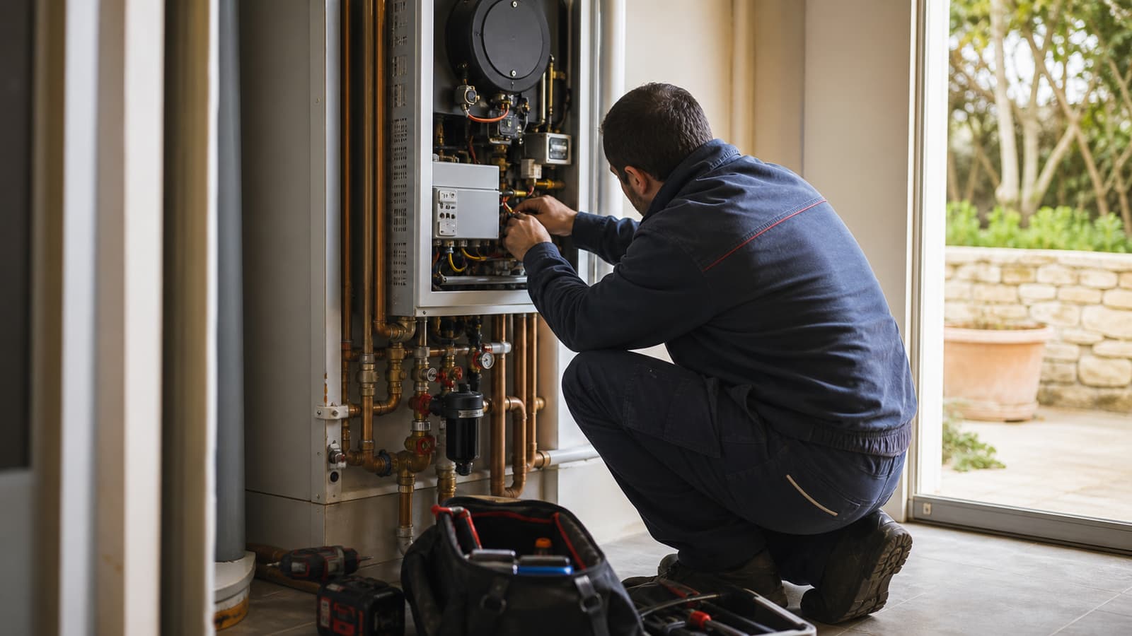 Technicien APC en intervention illustrant installation, dépannage et entretien