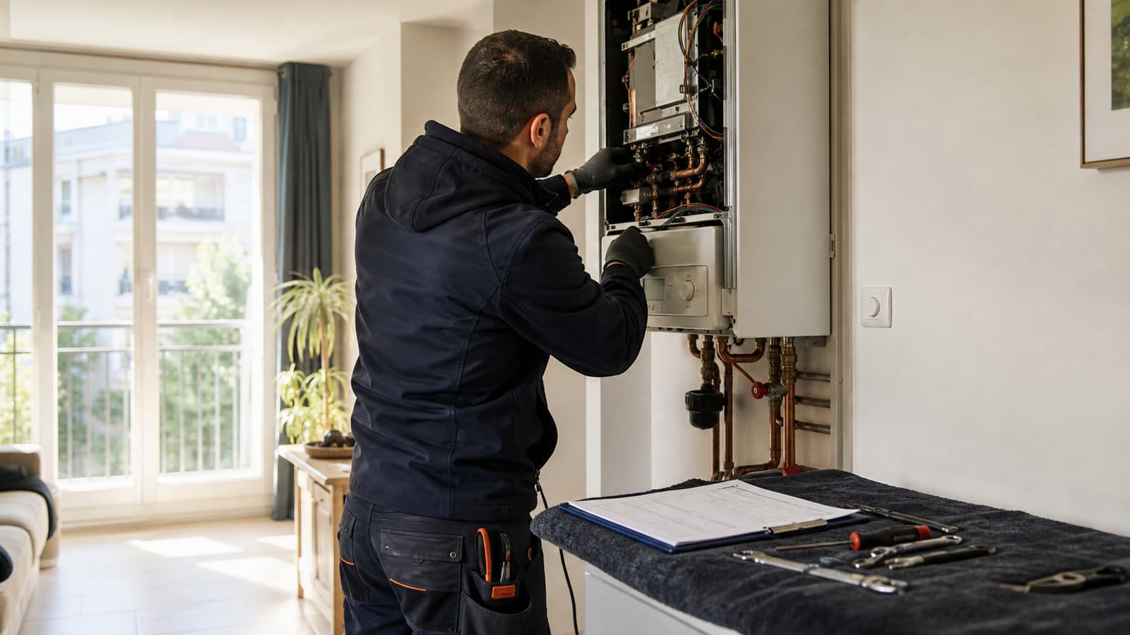 Technicien effectuant l'entretien d'une chaudière gaz murale dans un appartement provençal
