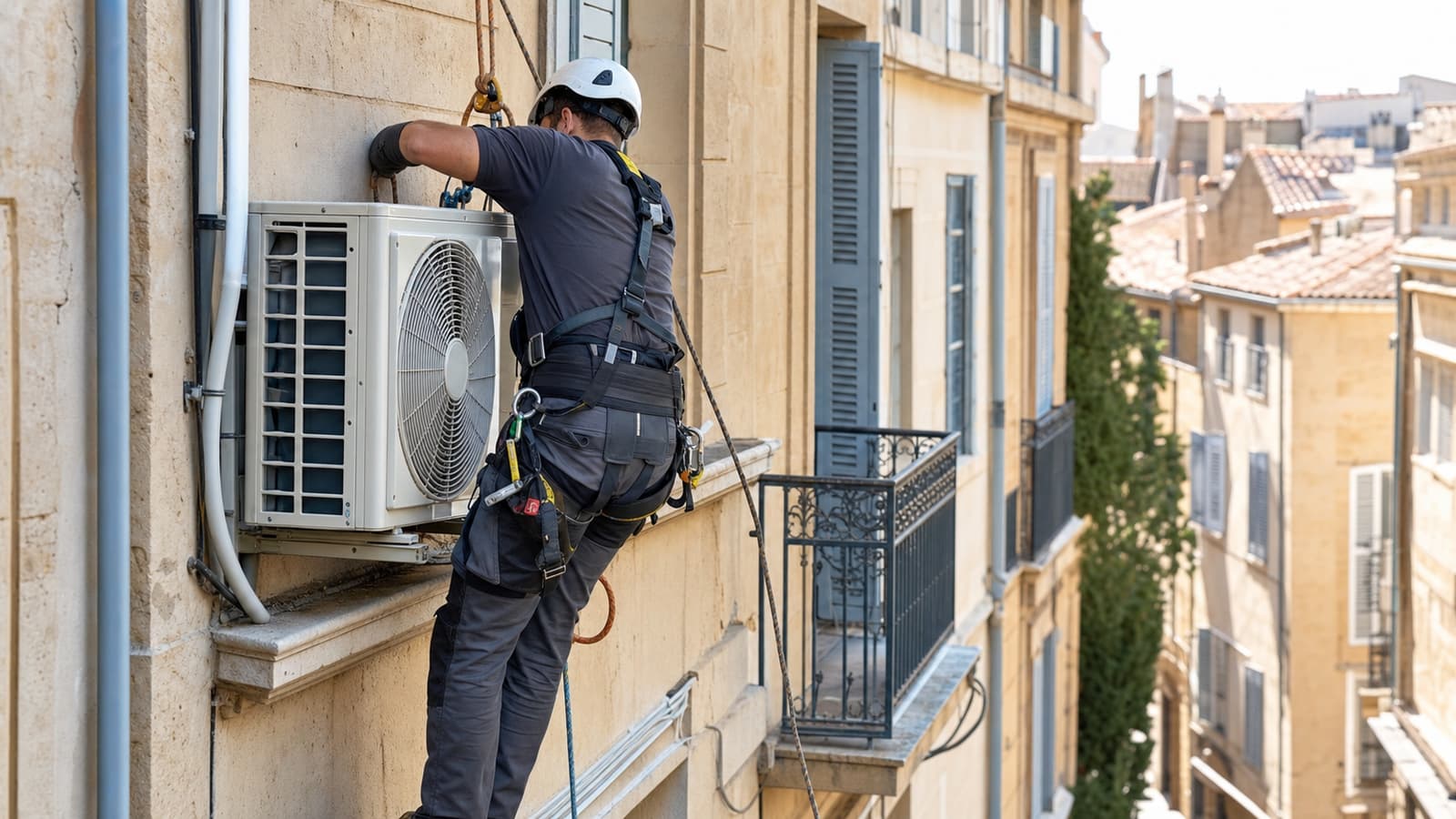 Pose discrète d'une unité extérieure de climatisation sur une façade de copropriété aixoise