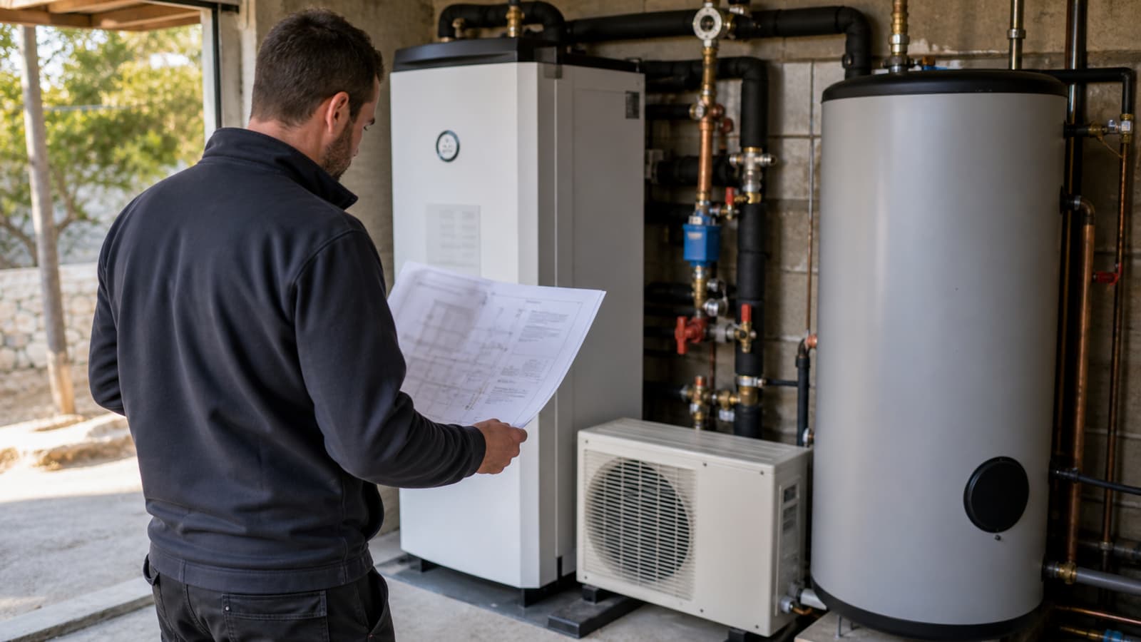 Technicien installant une pompe à chaleur air/eau en remplacement d'une cuve fioul dans une maison aubagnaise