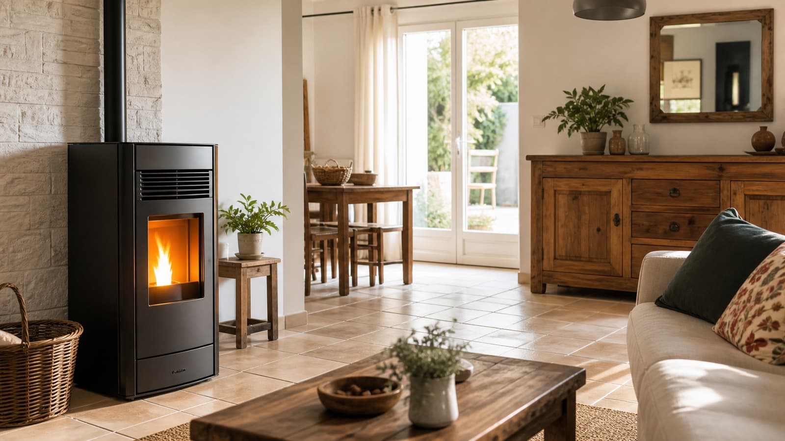 Poêle à granulés moderne dans le salon d'une maison pavillonnaire d'Aubagne