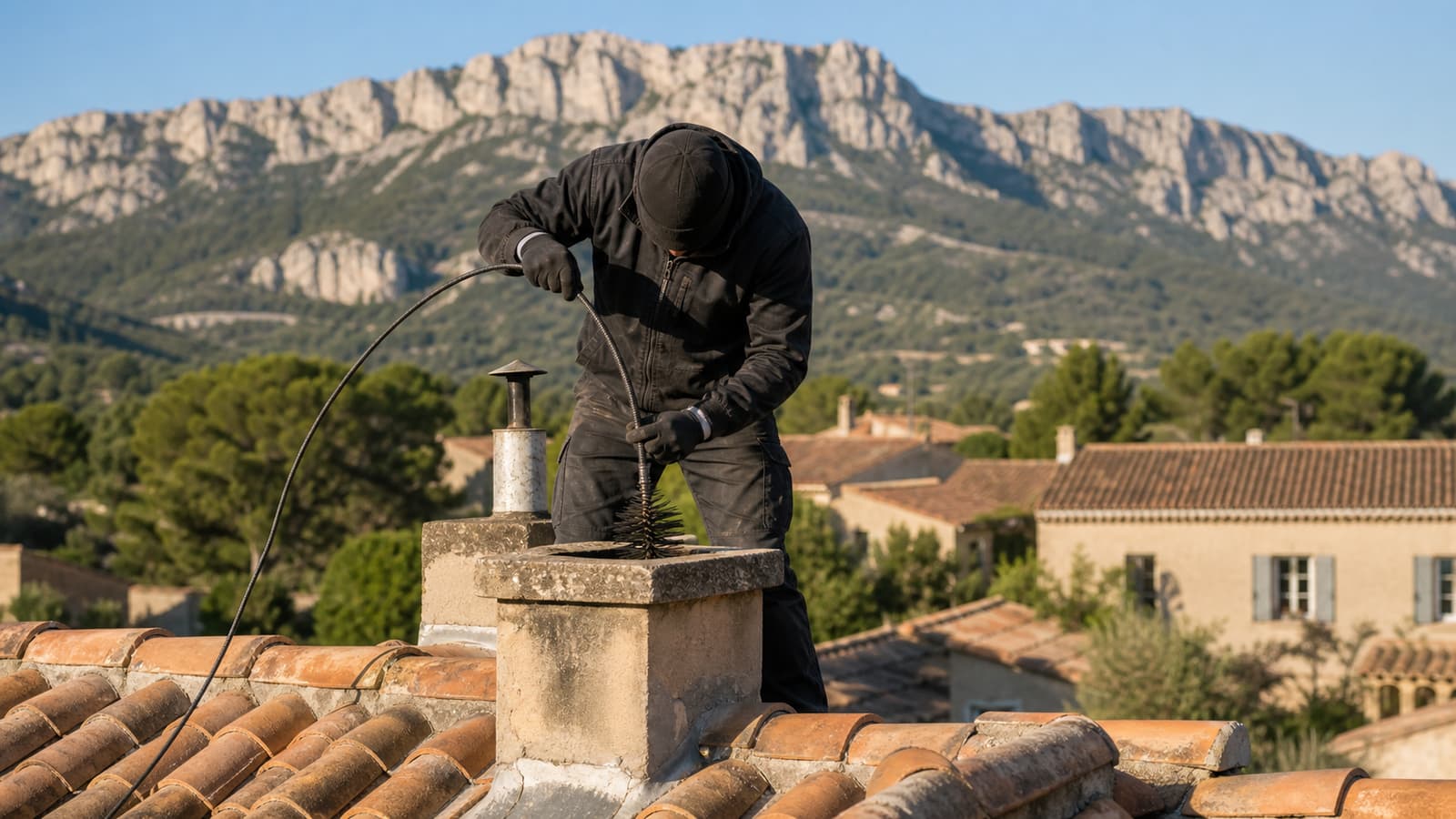 Ramonage mécanique d'un conduit de cheminée dans une maison au pied du Garlaban
