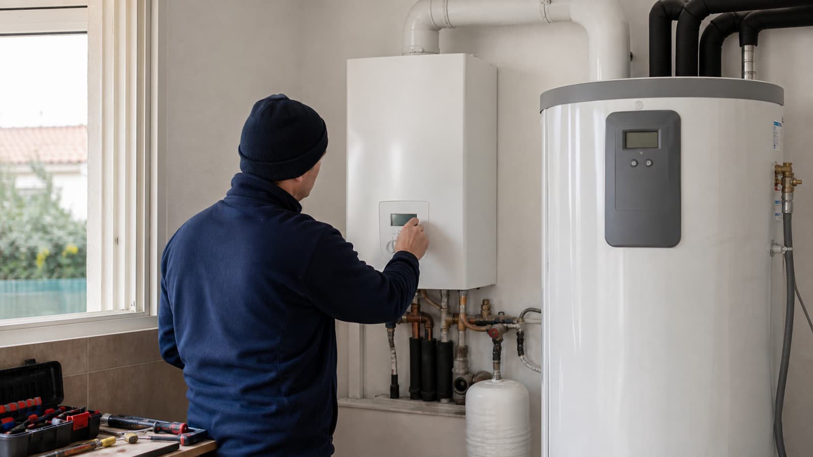 Technicien contrôlant une chaudière gaz murale et un chauffe-eau dans une maison de Marignane