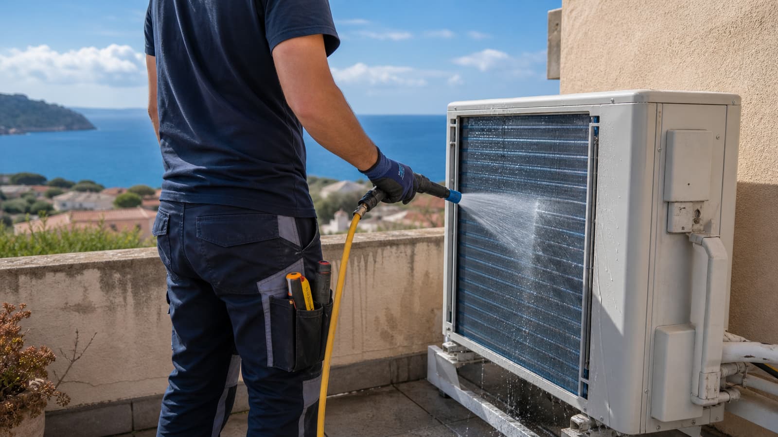 Technicien rinçant à l'eau douce la batterie d'une unité extérieure de clim exposée à l'air salin