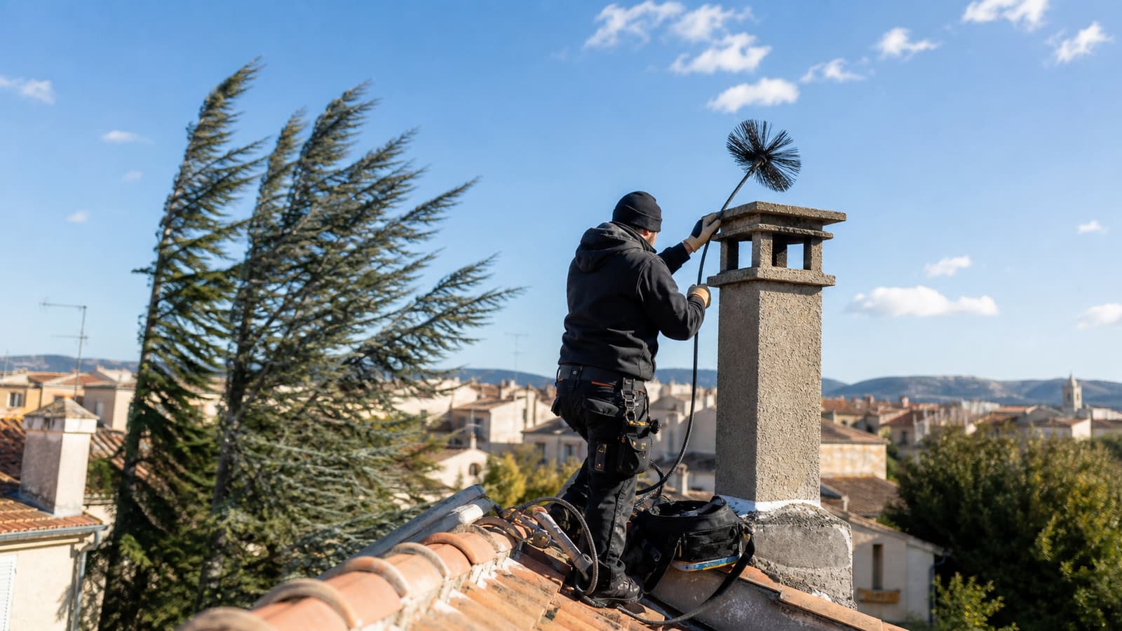 Technicien ramonant un conduit de cheminée sur un toit de maison salonaise par temps de mistral