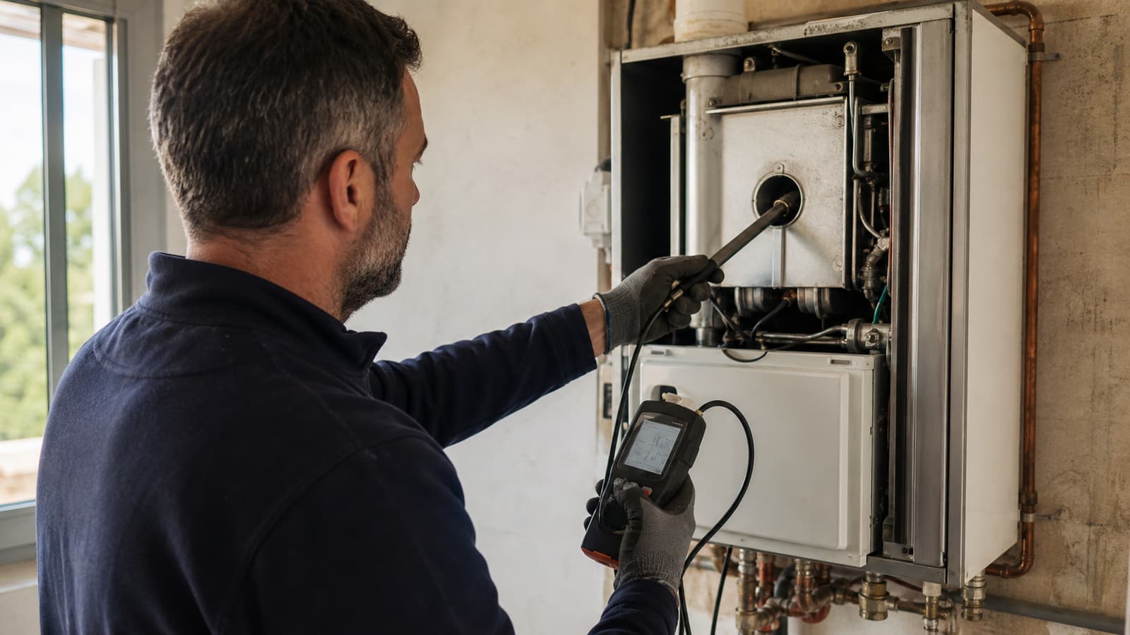 Technicien qui réalise une analyse de combustion sur une chaudière gaz