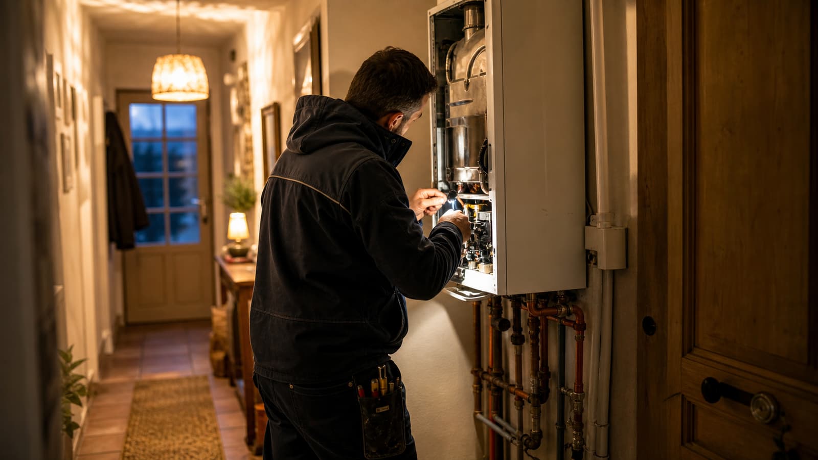 Technicien qui intervient sur une chaudière en panne le soir en hiver