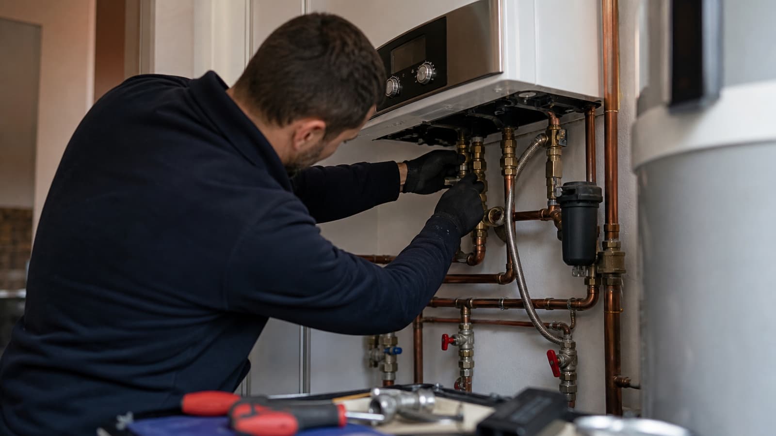 Technicien effectuant l'entretien d'une chaudière à gaz