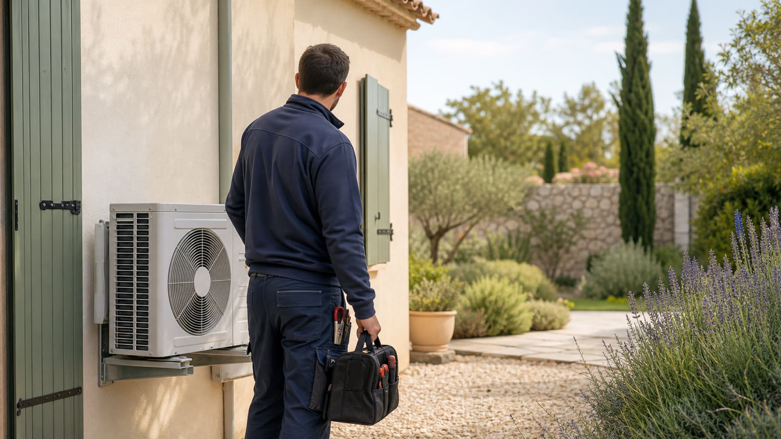 Technicien APC devant une unité extérieure de climatisation dans un jardin provençal