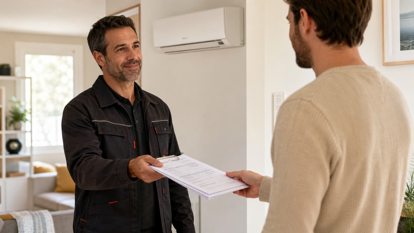 Technicien qui remet un rapport d'entretien à un client dans un appartement