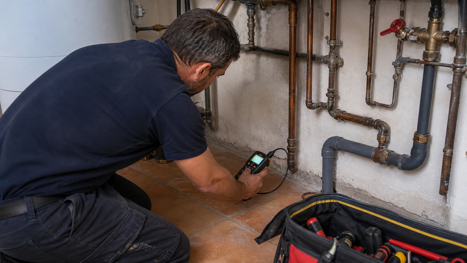 Technicien qui localise une fuite sur une canalisation avec son équipement