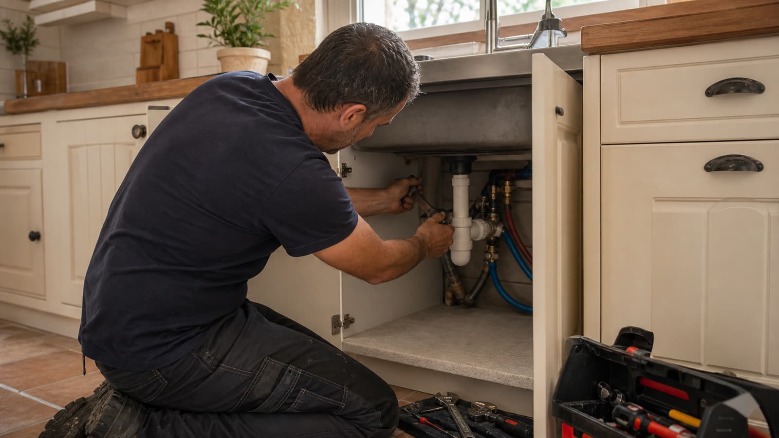 Plombier intervenant sur une installation sanitaire