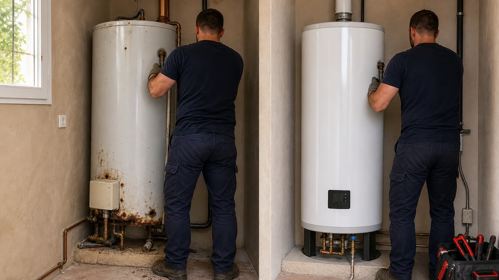 Plombier qui dépose un ancien chauffe-eau électrique et pose le neuf