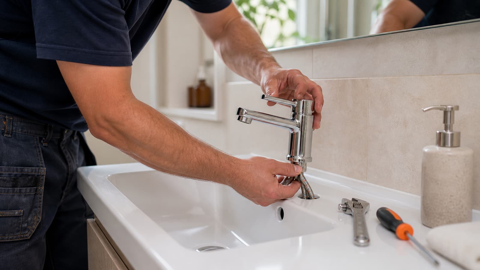 Plombier qui remplace un mitigeur de lavabo dans une salle de bain