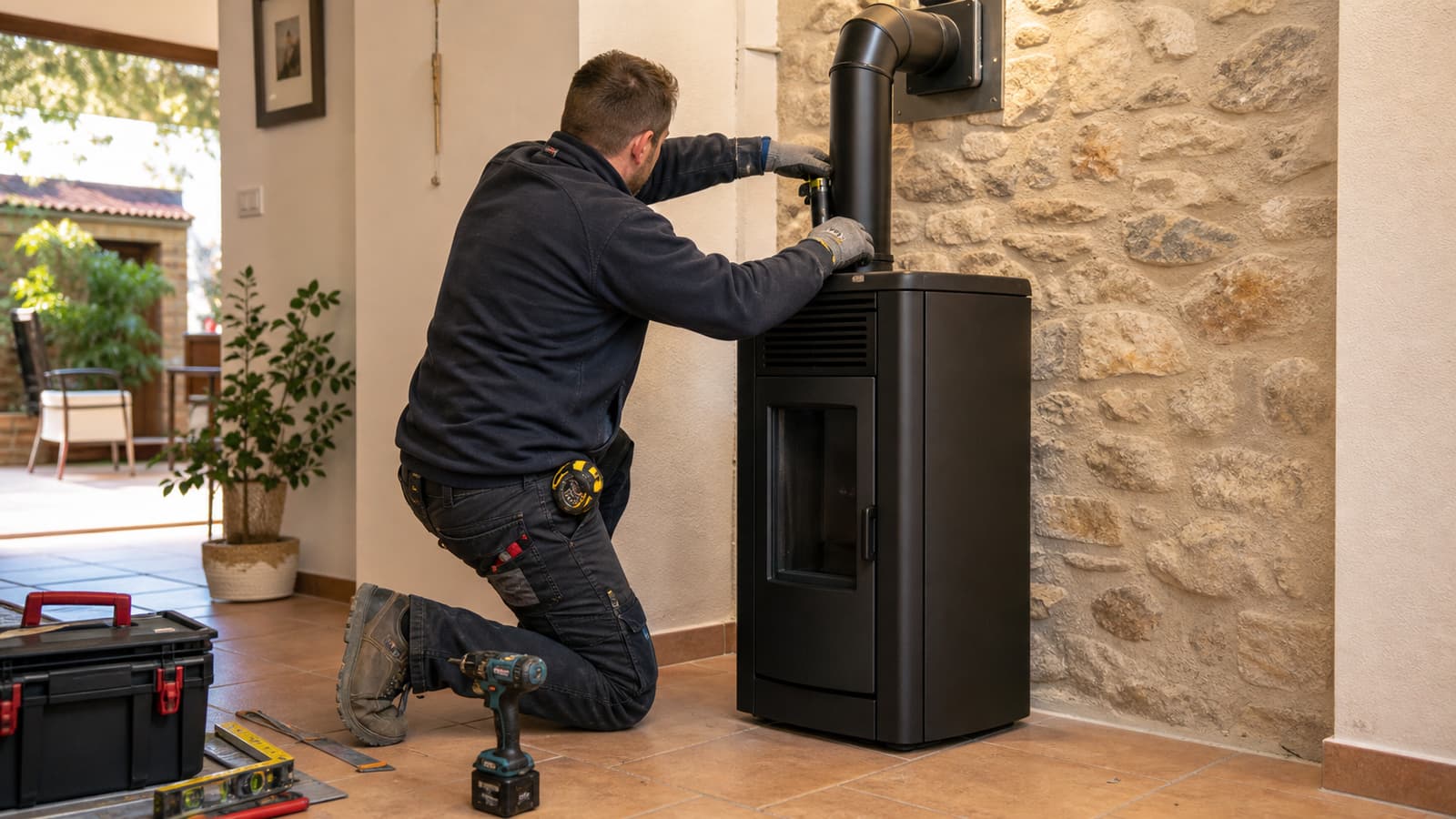 Poêle à granulés en fonte installé dans un salon
