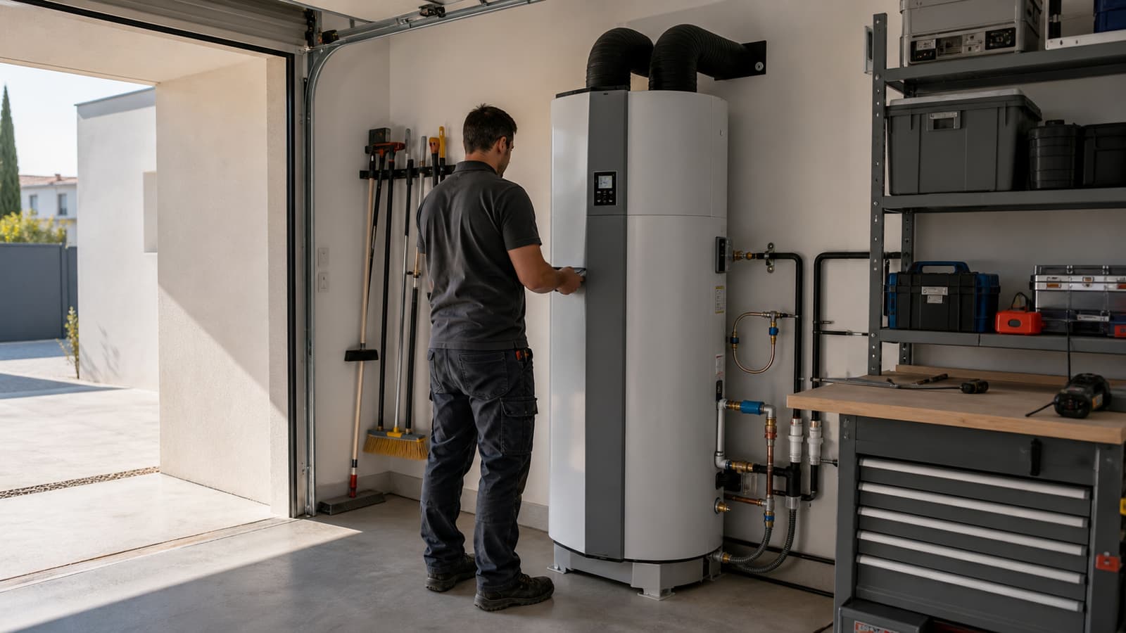 Chauffe-eau thermodynamique installé dans le garage d'une maison pavillonnaire récente à Istres