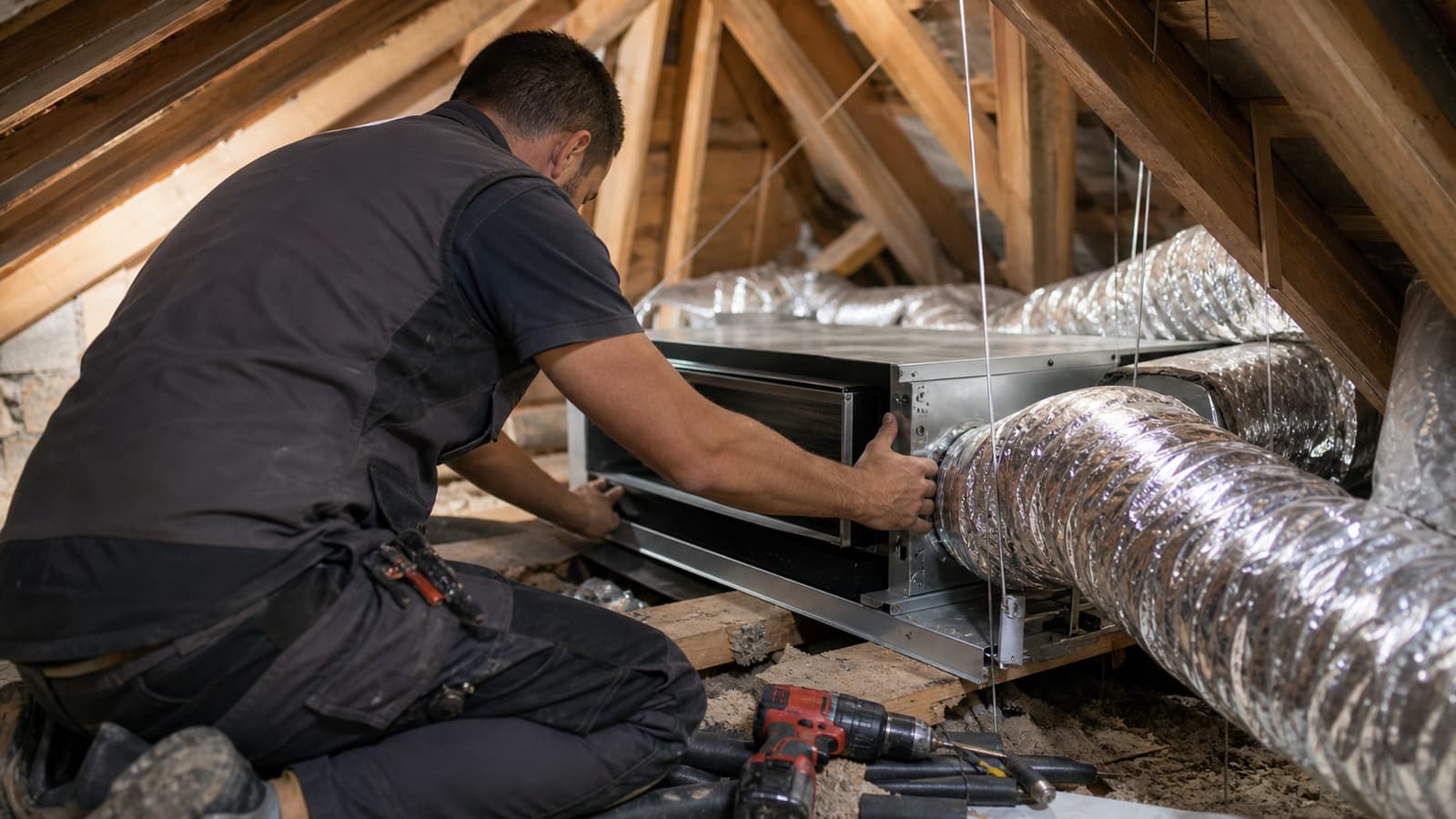 Technicien installant un groupe intérieur de gainable dans les combles d'une maison d'Istres