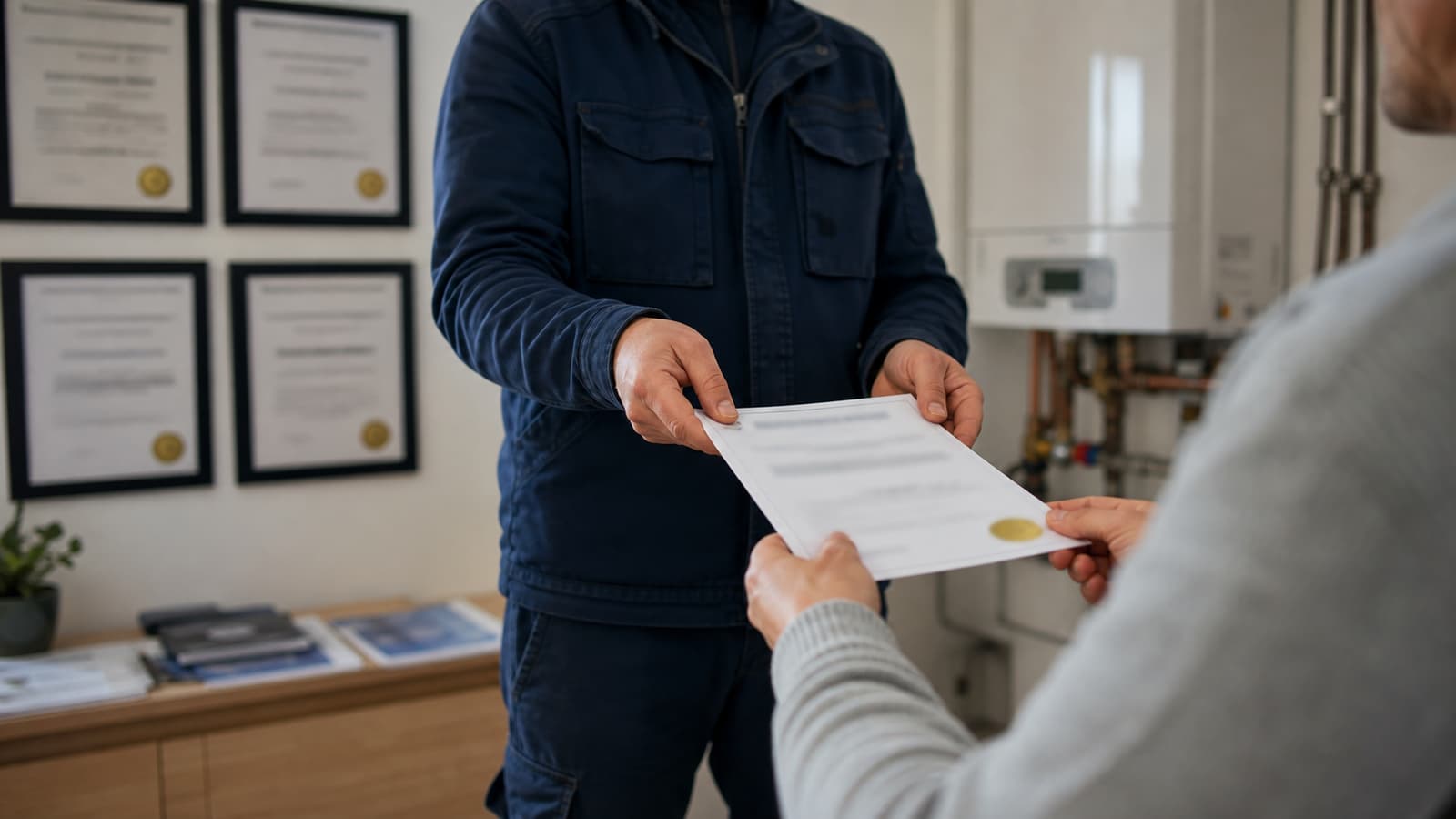 Technicien APC remettant l'attestation d'entretien le jour même à un habitant de La Fare