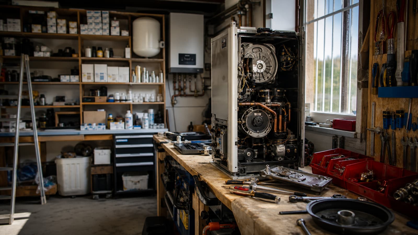 Vue intérieure d'un atelier de chauffagiste avec outils et équipements de chauffage
