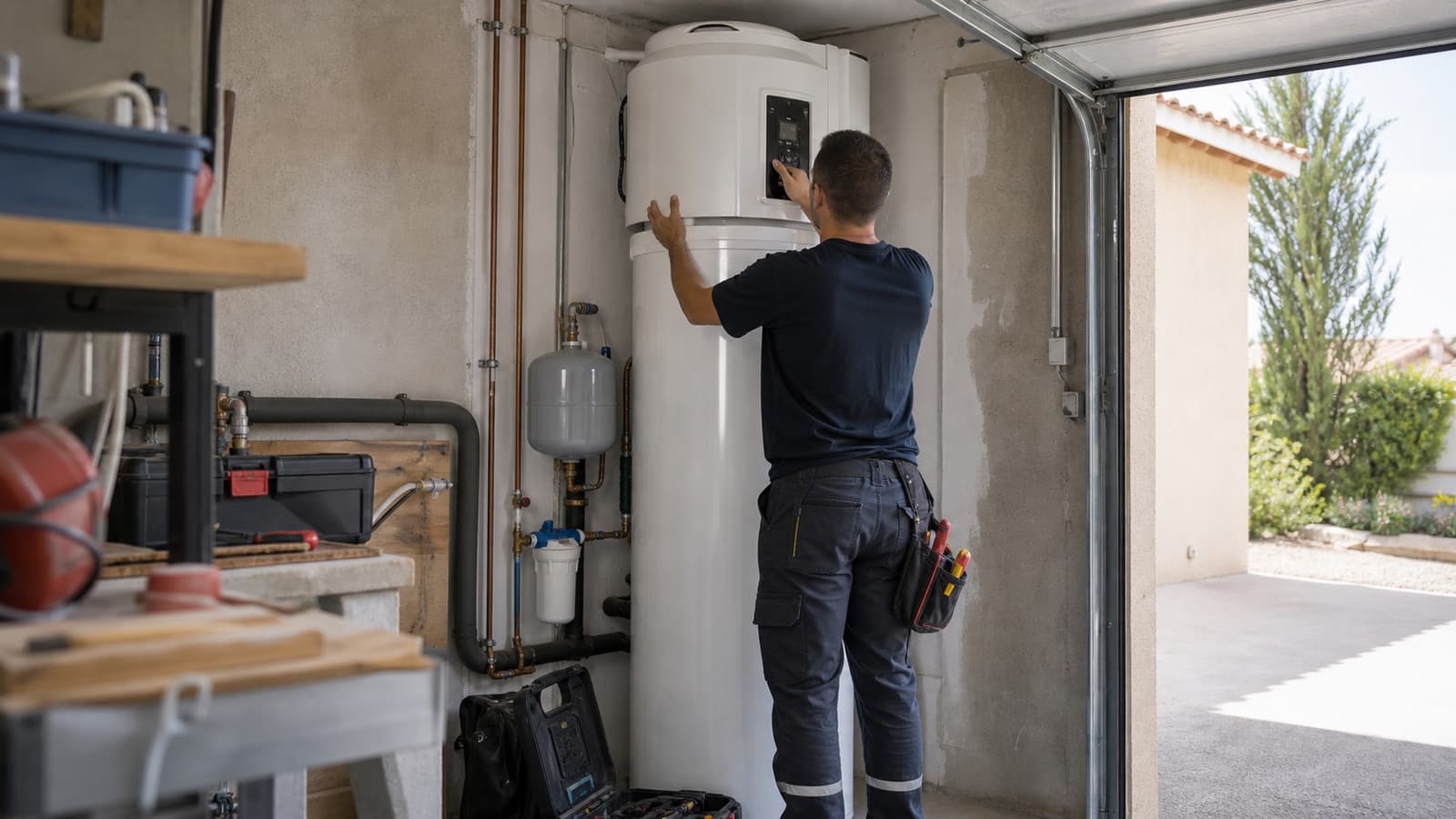 Technicien installant un chauffe-eau thermodynamique dans le garage d'une maison individuelle