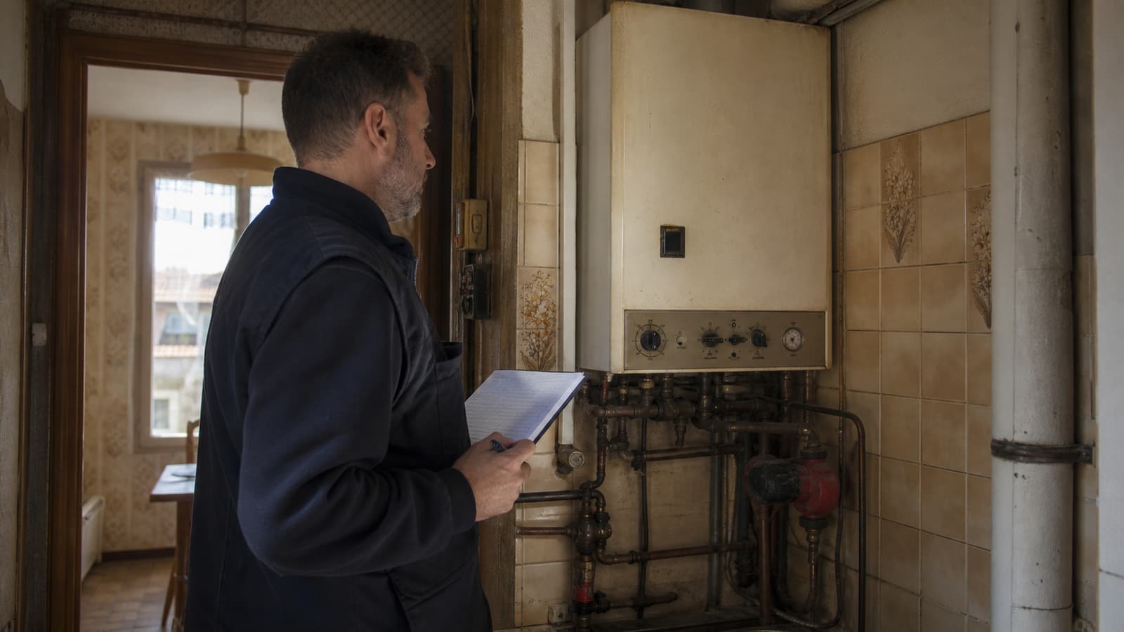 Technicien effectuant le diagnostic d'une vieille chaudière gaz dans une maison de Vitrolles