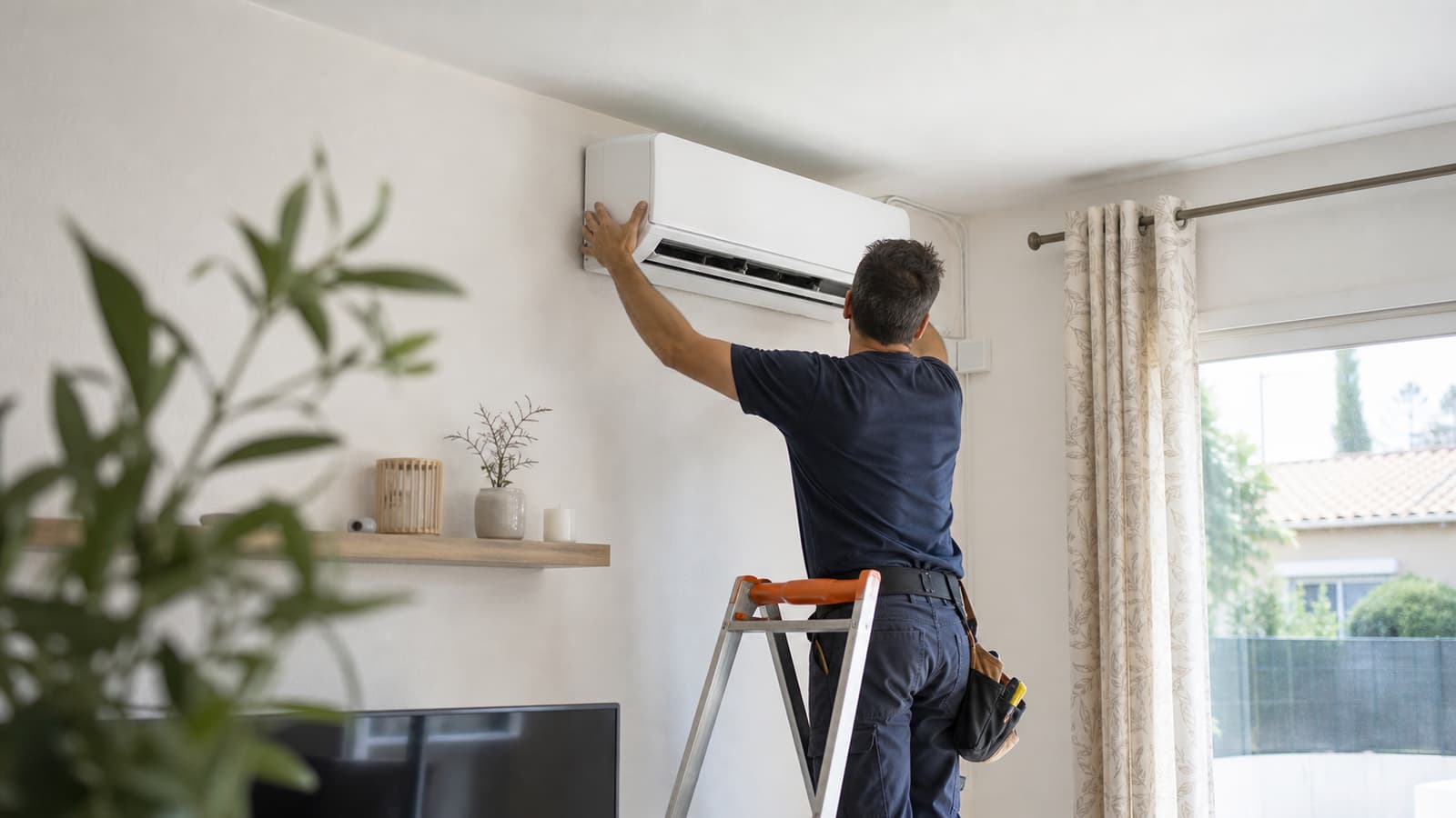 Installation d'une unité intérieure de climatisation réversible dans un salon de maison pavillonnaire
