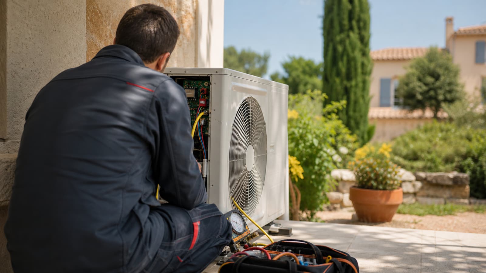 Technicien réalisant un diagnostic de panne sur une unité de climatisation extérieure