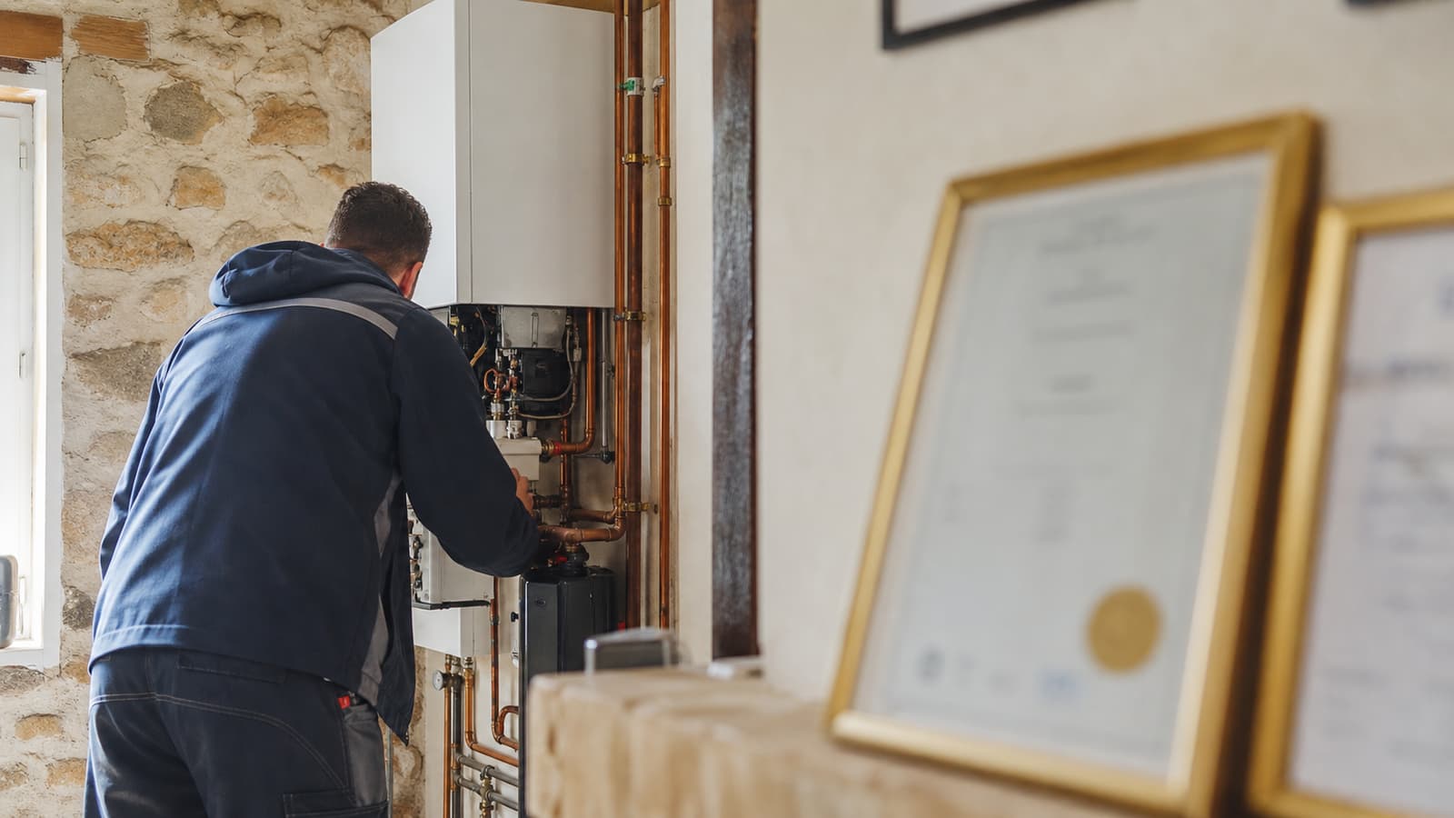 Technicien chauffagiste intervenant sur une chaudière en panne par temps froid dans une maison provençale
