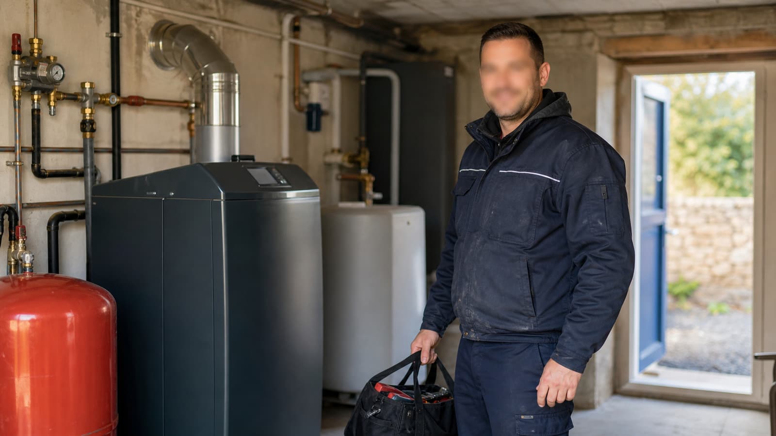 Technicien souriant devant une chaudière fioul entretenue dans une chaufferie