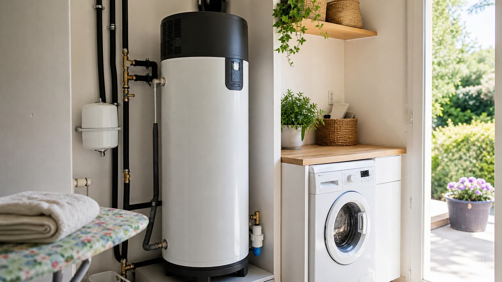 Chauffe-eau thermodynamique installé dans une buanderie lumineuse