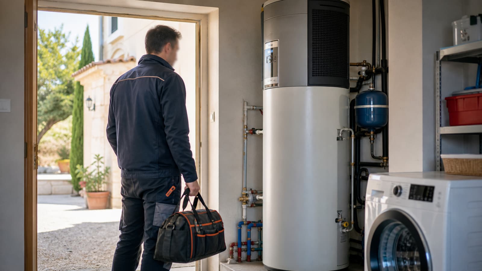 Chauffe-eau thermodynamique bien installé dans un espace technique clair