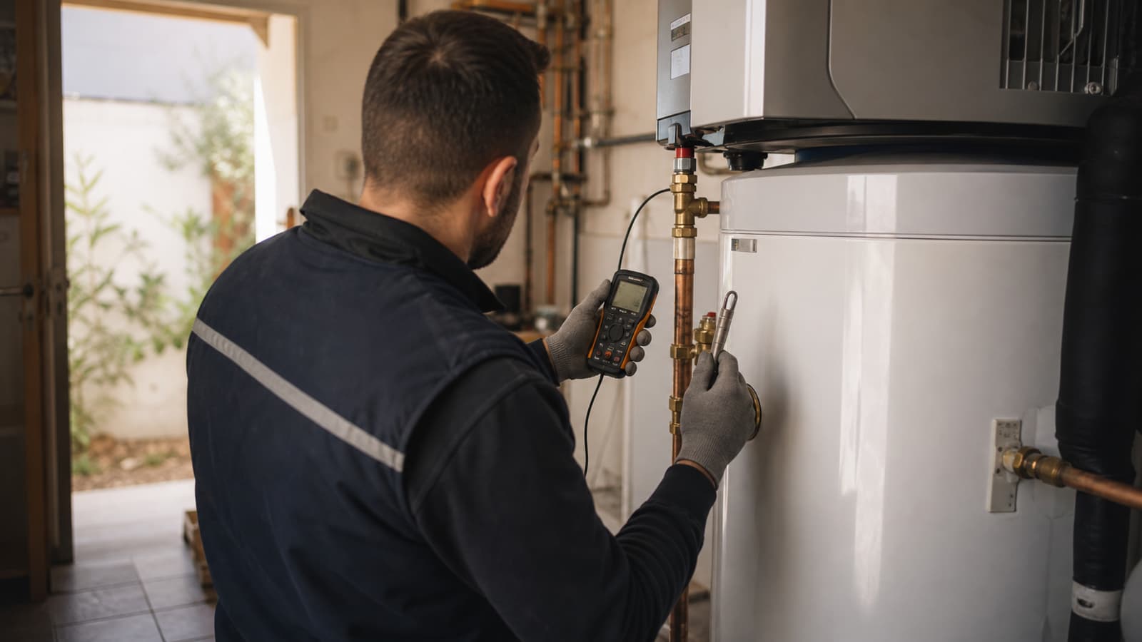 Technicien qui vérifie la température de sortie d'un chauffe-eau thermodynamique