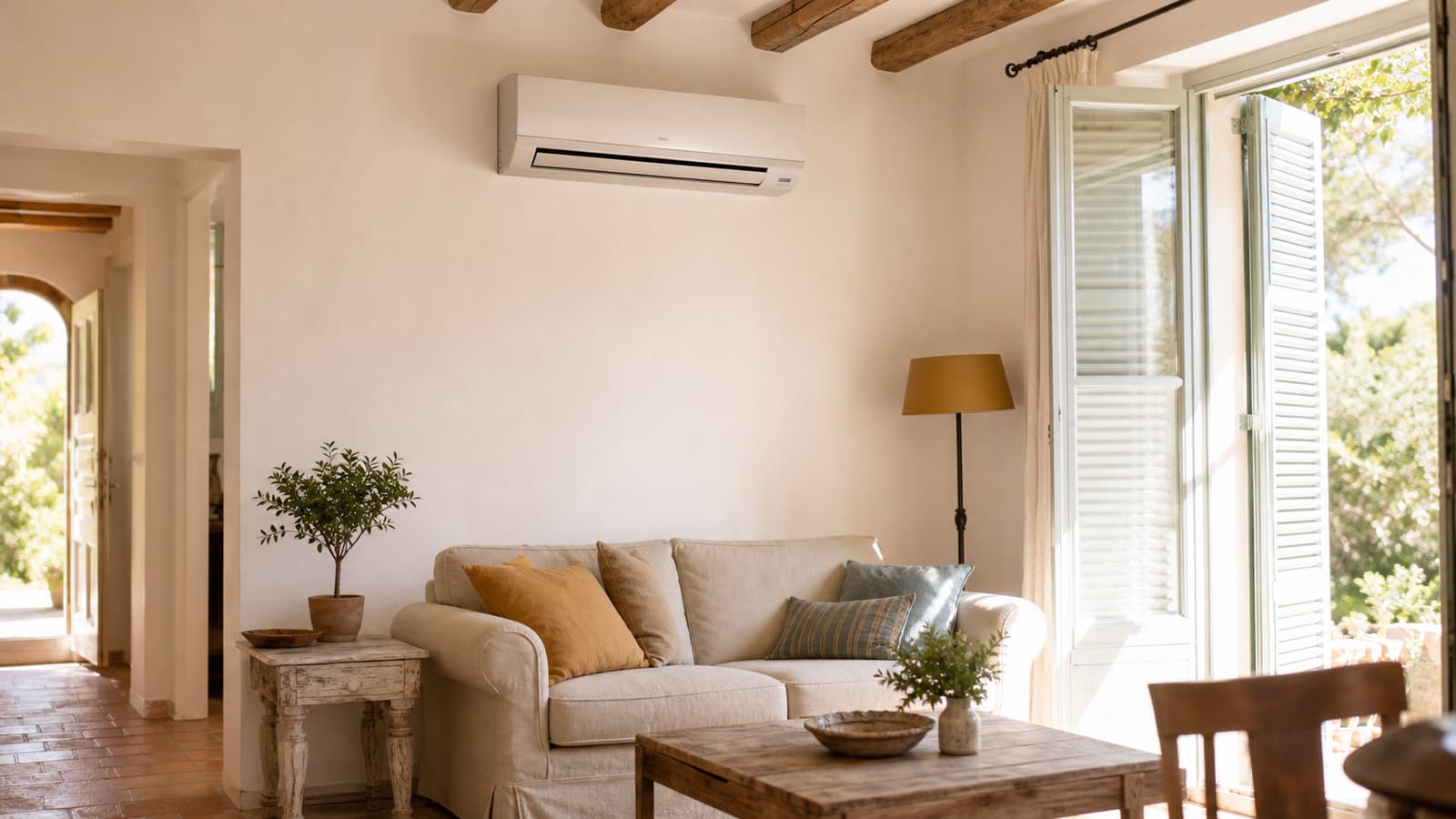Unité intérieure de climatisation murale dans un salon provençal ensoleillé