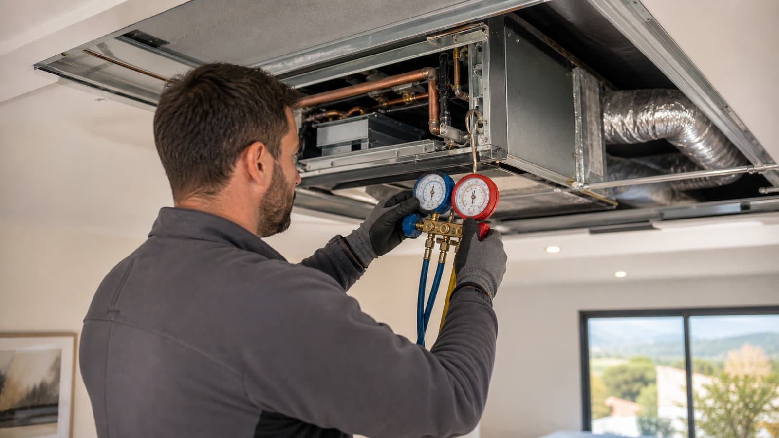 Technicien qui effectue un diagnostic sur un caisson gainable