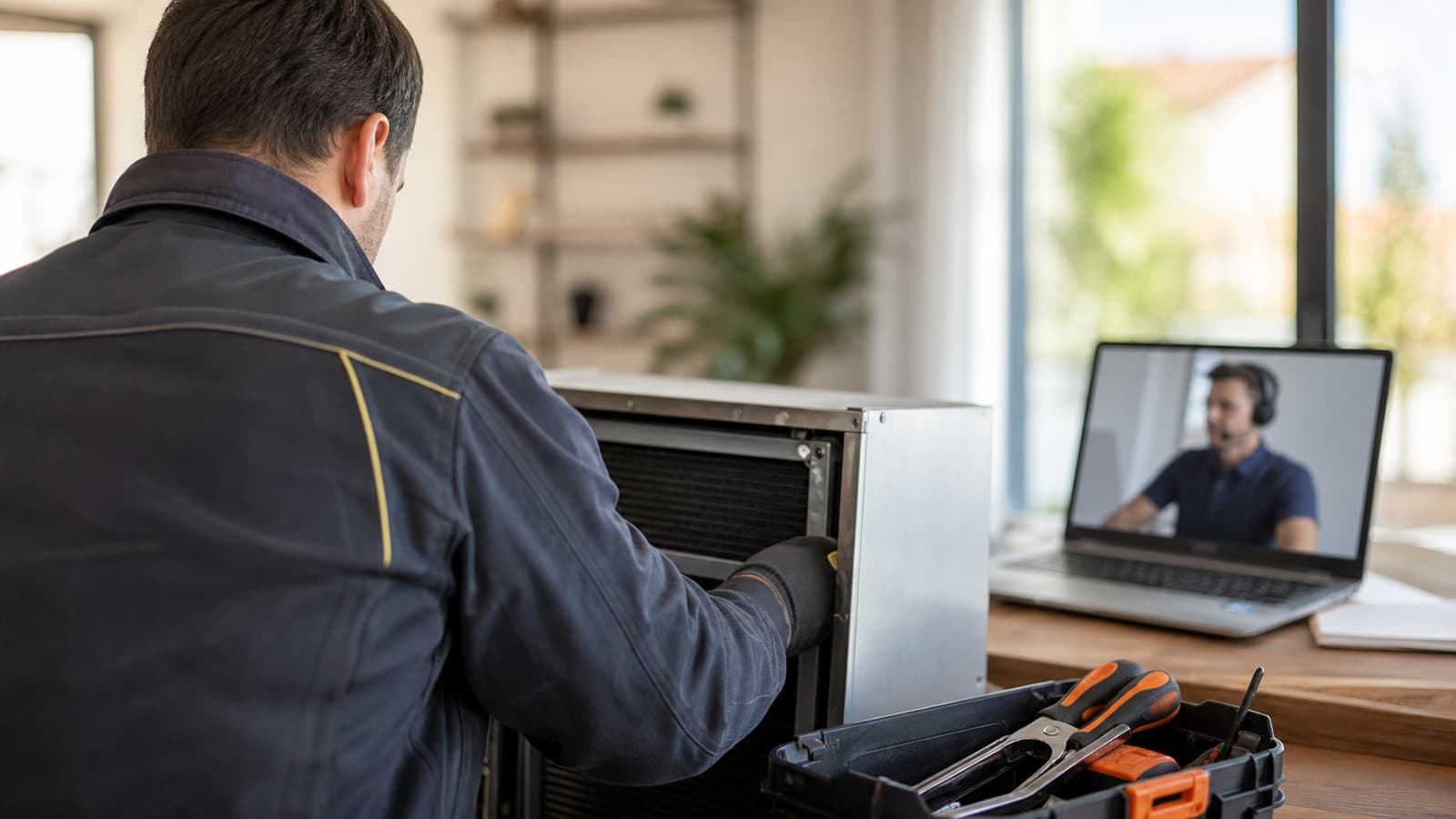 Technicien qui remplace le filtre centralisé d'une climatisation gainable