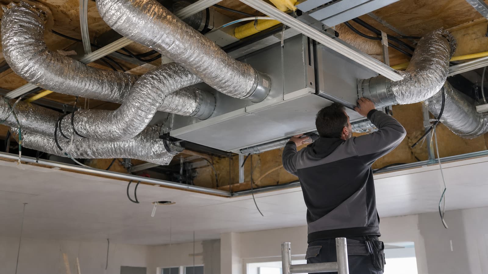 Réseau de gaines de climatisation gainable dans un faux plafond en travaux
