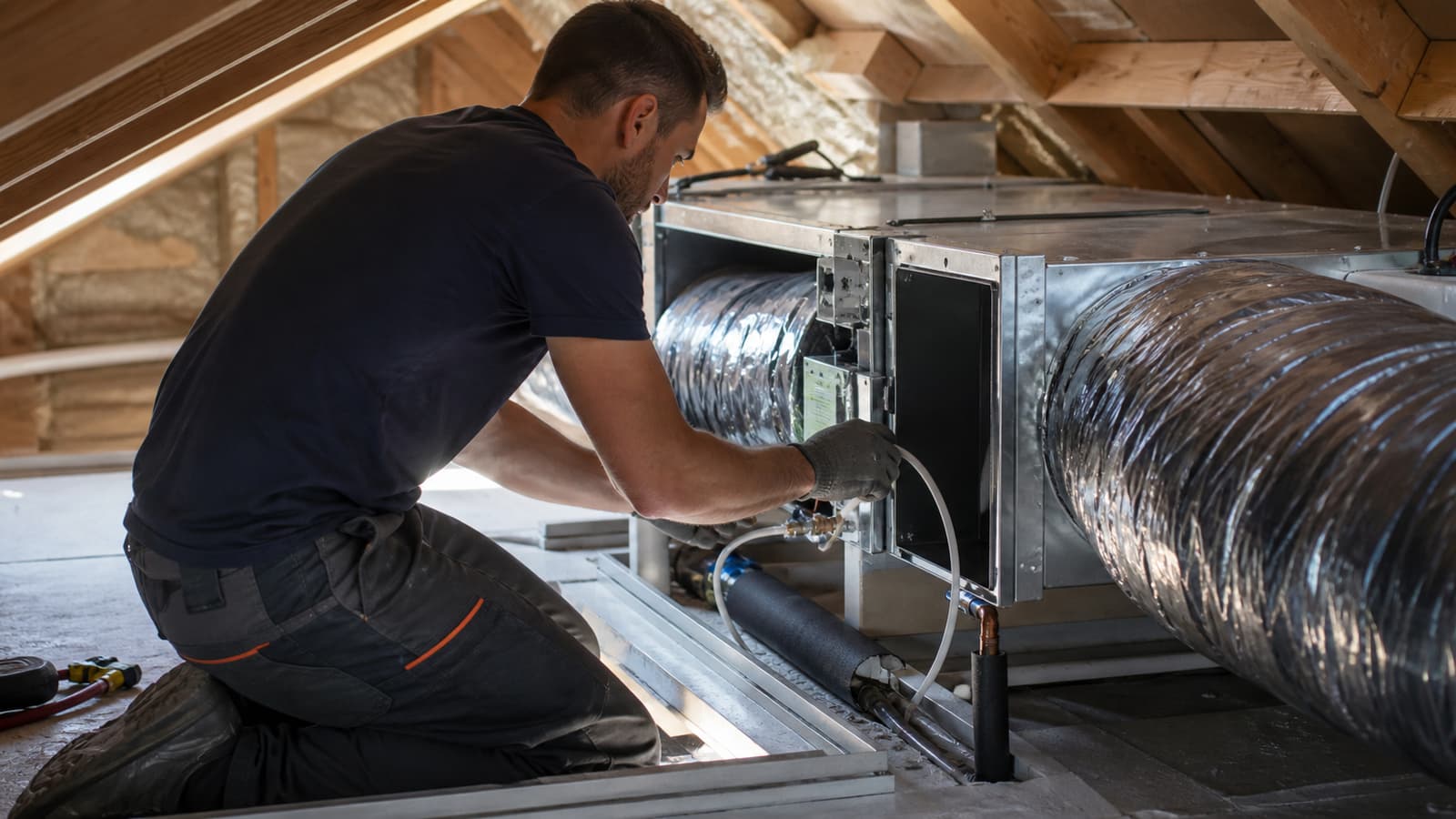 Technicien qui raccorde un caisson de climatisation gainable dans une trappe technique