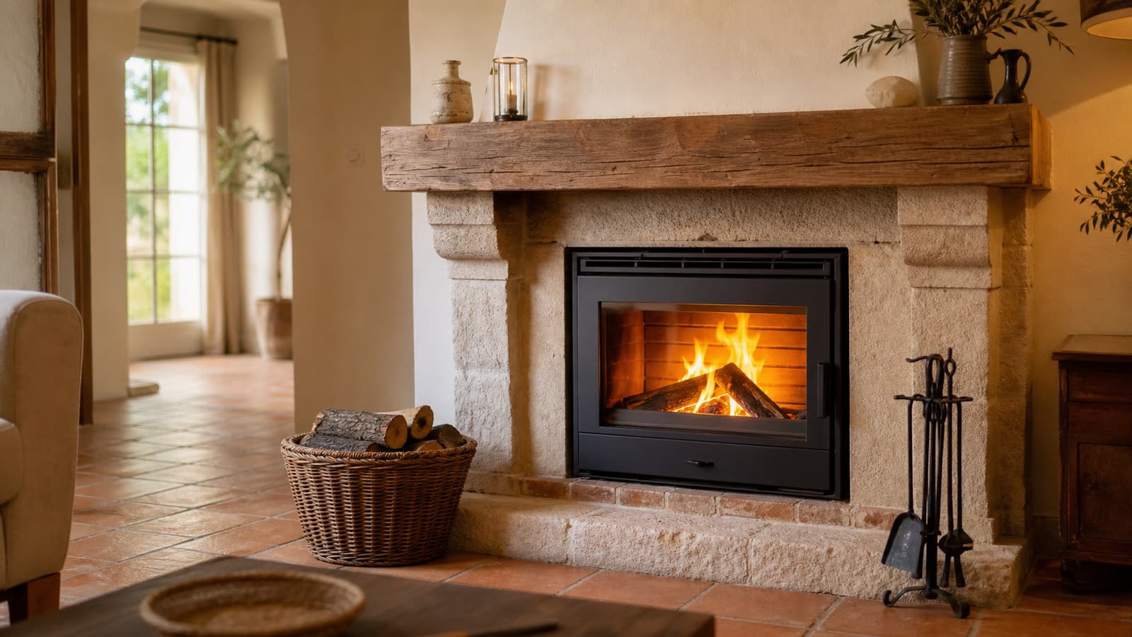 Insert à bois dans une cheminée provençale avec feu allumé, ambiance chaleureuse