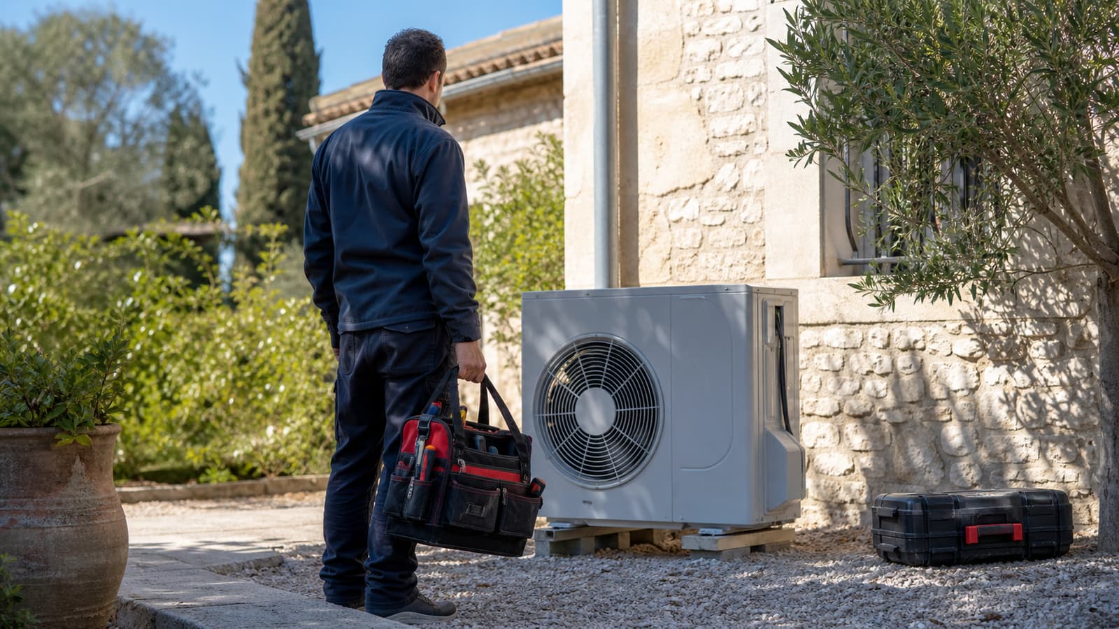 Technicien devant une pompe à chaleur dans un jardin provençal ensoleillé