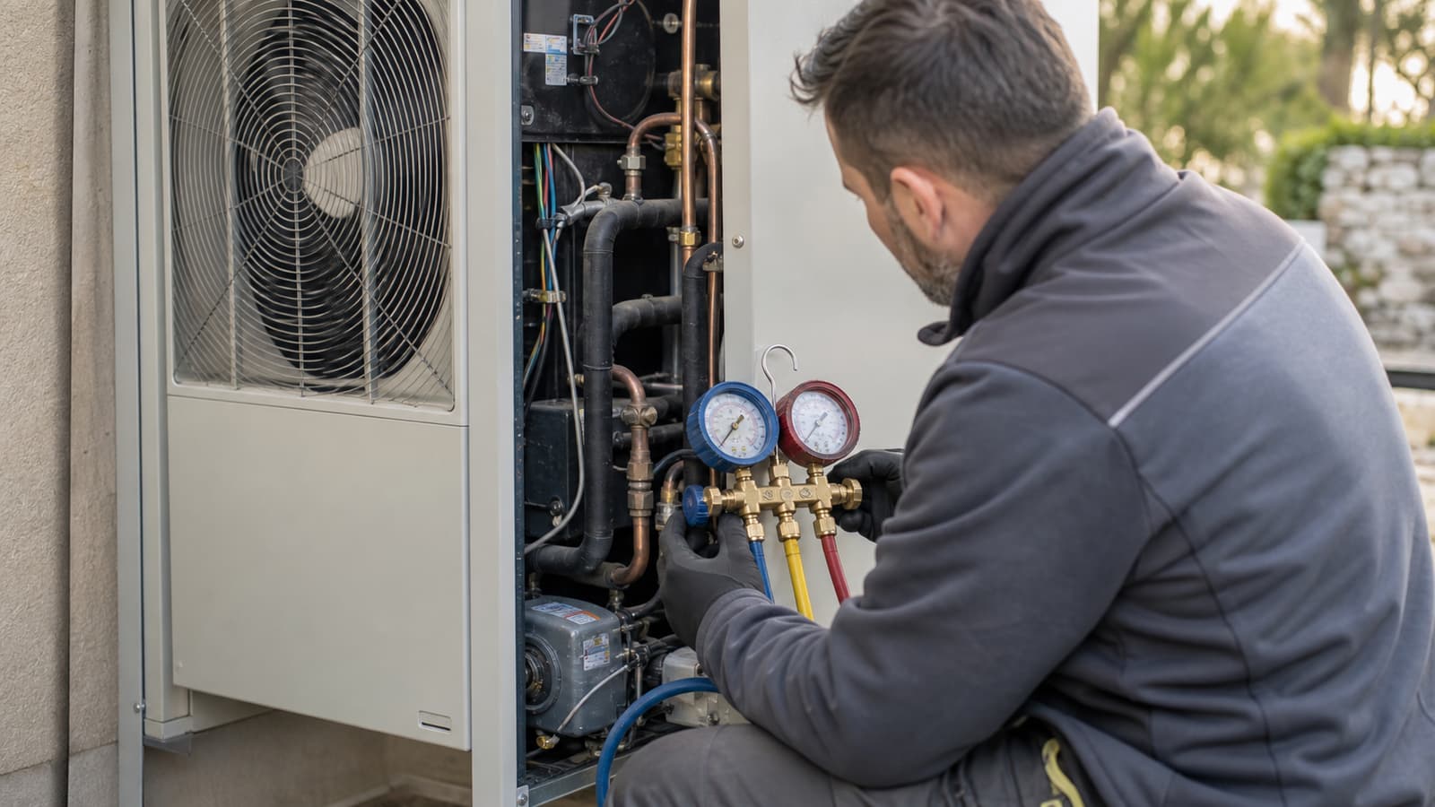 Technicien qui contrôle le circuit frigorigène d'une pompe à chaleur