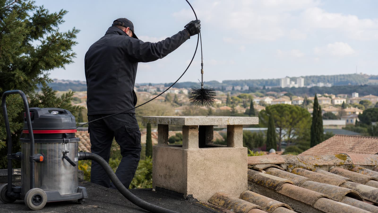 Technicien avec équipement de ramonage professionnel, hérisson mécanique