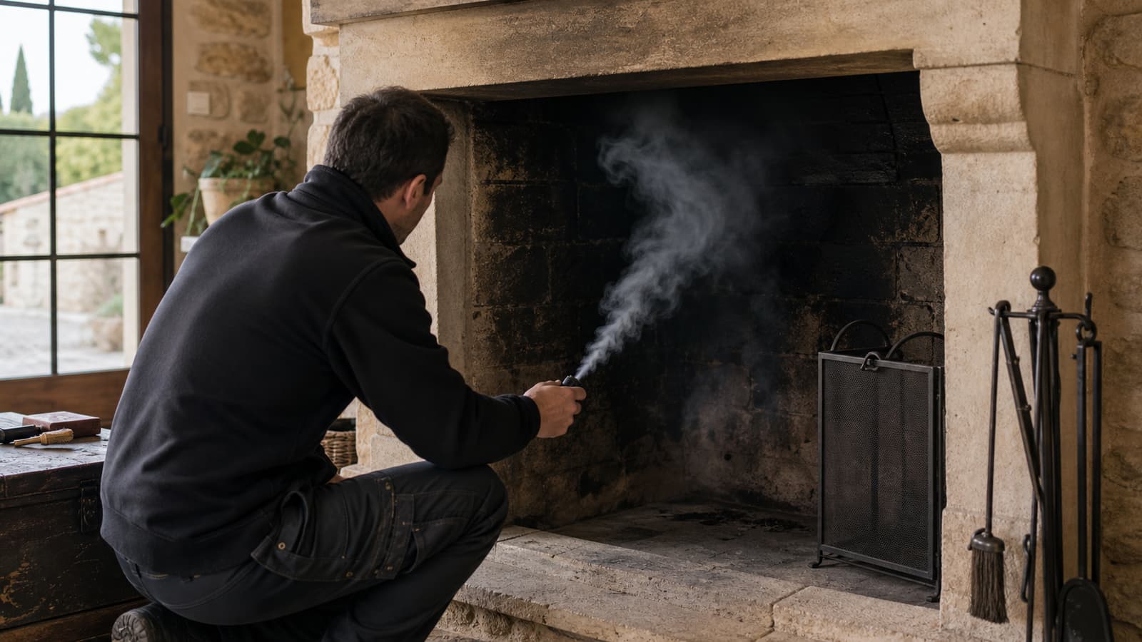 Technicien qui contrôle le tirage d'une cheminée avant le ramonage